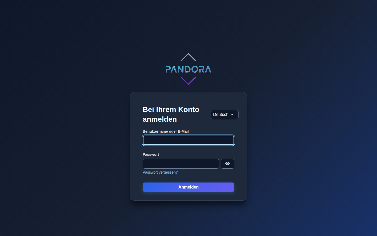 Anmeldeseite im Pandora-Theme, Desktop 1440 mal 900