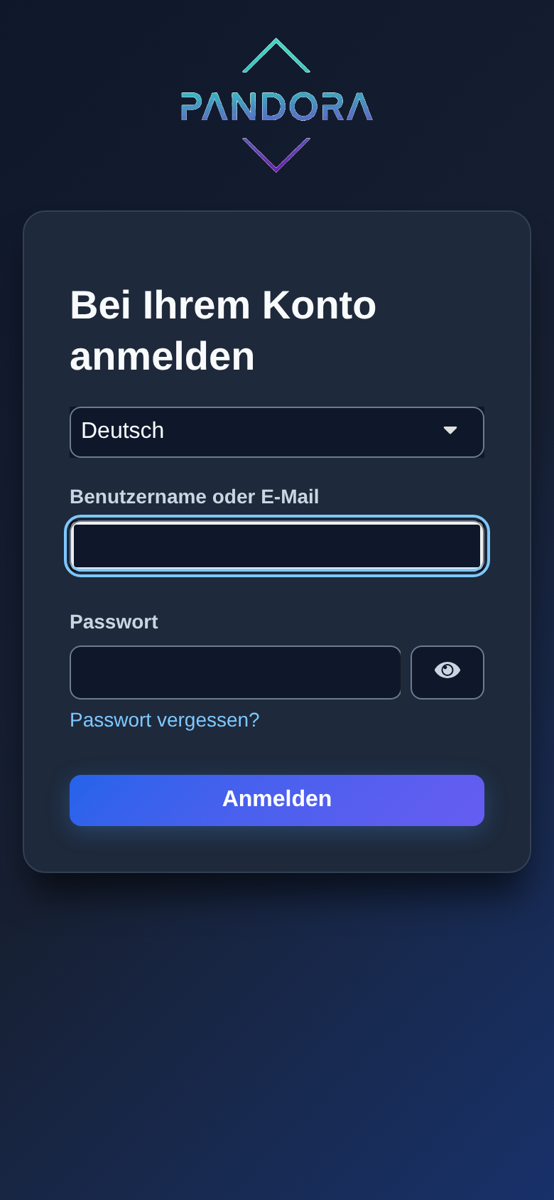 Anmeldeseite auf dem Smartphone, 390 mal 844