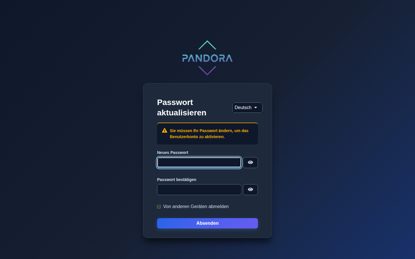 Seite Passwort aktualisieren im Pandora-Theme